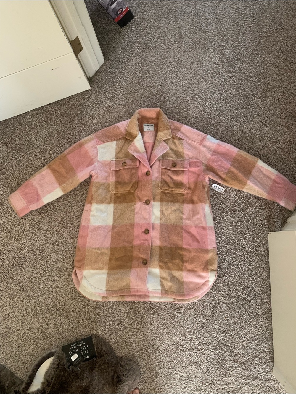 Old Navy Pink Tan Cream Plaid Teddy Jacket